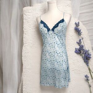 Y2K Blue Lace Trim Chemise slip dress coquette Fairycore Cottagecore M